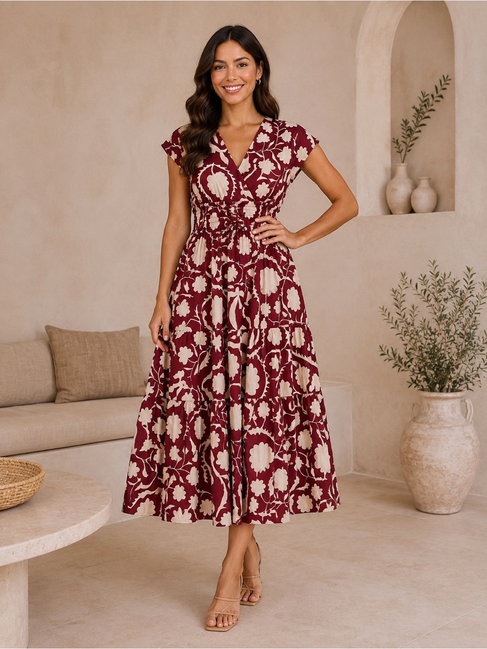 NWT Meadow Rhodes XL Burgundy Cream Floral Smocked Tiered Midi Dress 100% Cotton